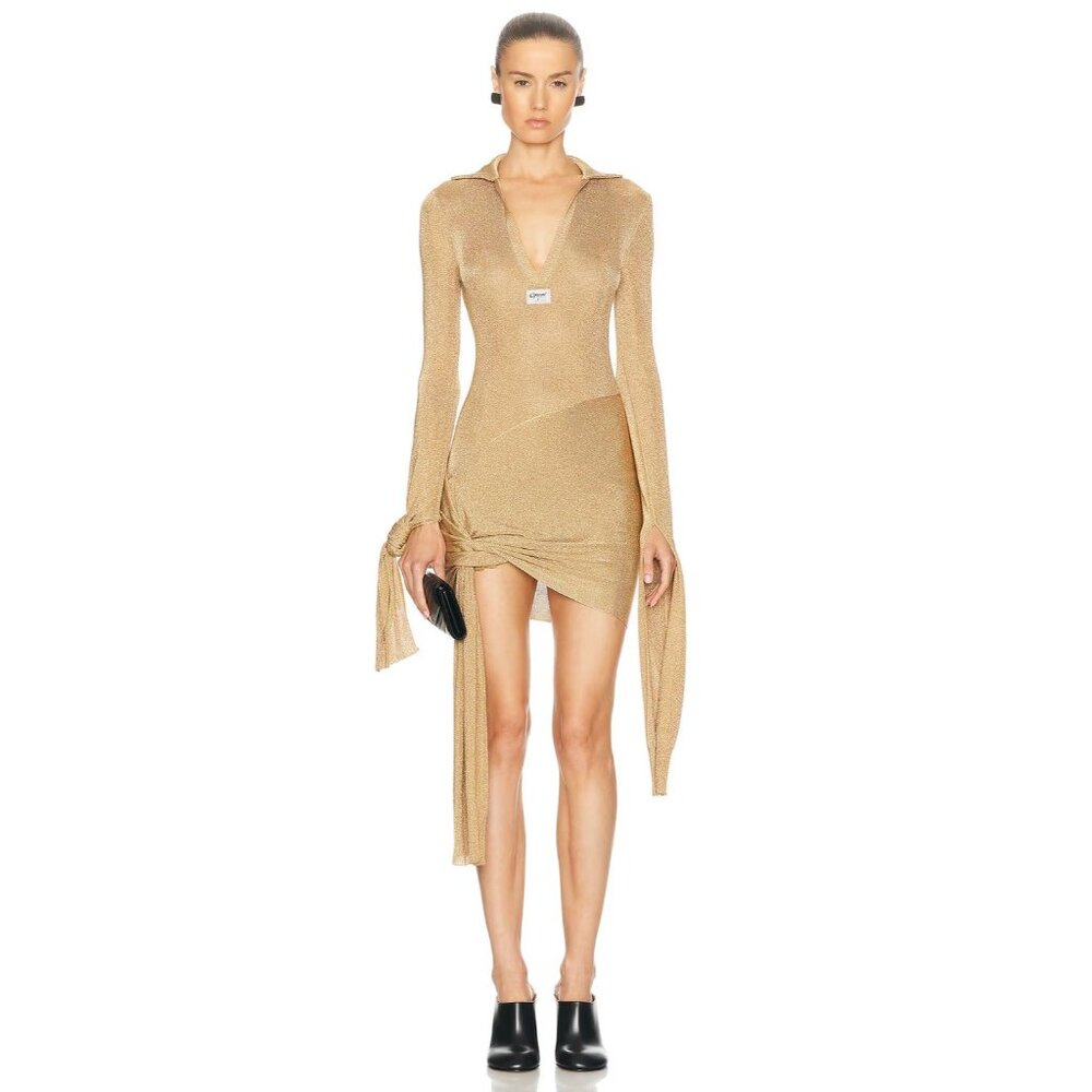 Coperni Knotted Sleeved Dress Gold Knit